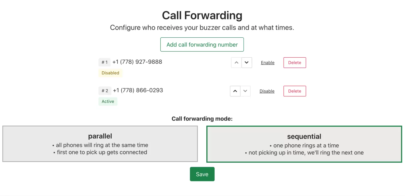 screenshot of BuzzMeIn call-forwarding feature. showing forwarding numbers and option of two call-forwarding modes